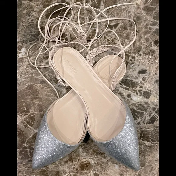 “J. CREW”, Women, Sz 7.5, Silver Sparkle Glitter w/Beige Ankle Tie-Up Flat Shoes - Picture 2 of 9